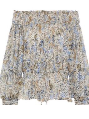 Redemption Silk Chiffon White Blue Beige Floral Print Paisley Smocked Blouse 8